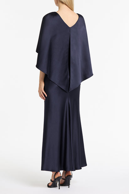 MIDNIGHT SATIN CAPE DRESS