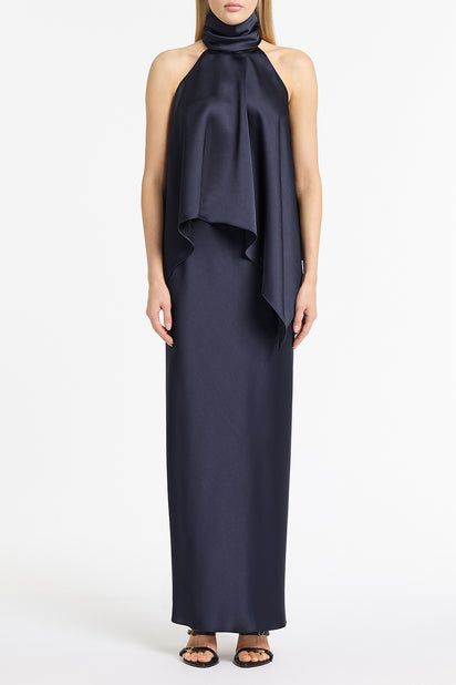 MIDNIGHT SATIN DRAPED HALTER TOP