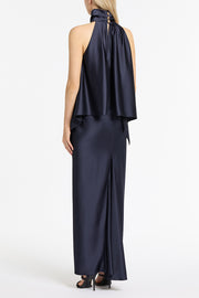 MIDNIGHT SATIN DRAPED HALTER TOP