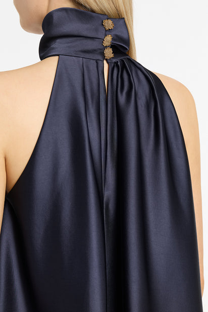 MIDNIGHT SATIN DRAPED HALTER TOP