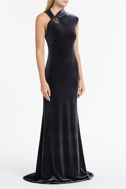 MIDNIGHT VELVET BUTTON GOWN