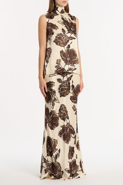 MOCHA BOUQUET SILK VISCOSE BIAS FISHTAIL SKIRT
