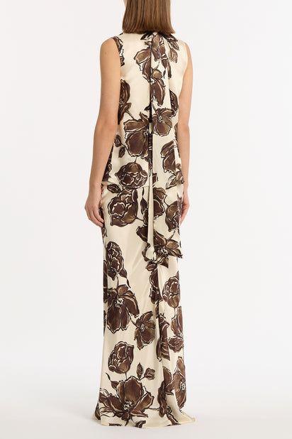 MOCHA BOUQUET SILK VISCOSE BIAS FISHTAIL SKIRT