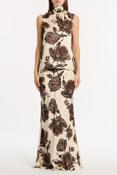 MOCHA BOUQUET SILK VISCOSE BIAS FISHTAIL SKIRT