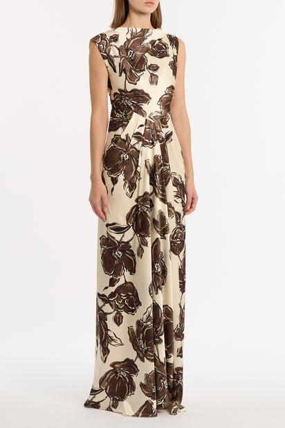 MOCHA BOUQUET SILK VISCOSE CINCHED MAXI DRESS
