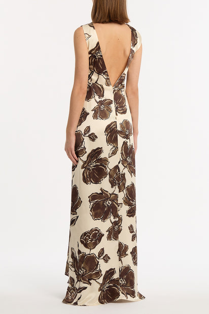 MOCHA BOUQUET SILK VISCOSE CINCHED MAXI DRESS
