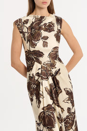 MOCHA BOUQUET SILK VISCOSE CINCHED MAXI DRESS