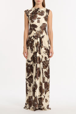 MOCHA BOUQUET SILK VISCOSE CINCHED MAXI DRESS