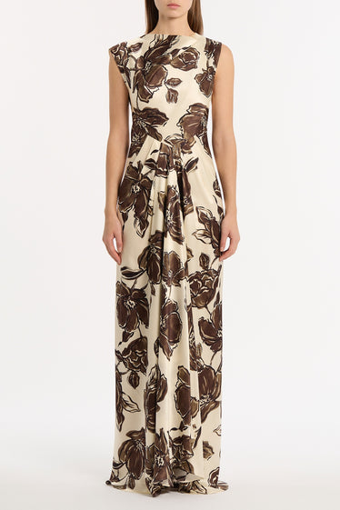 MOCHA BOUQUET SILK VISCOSE CINCHED MAXI DRESS