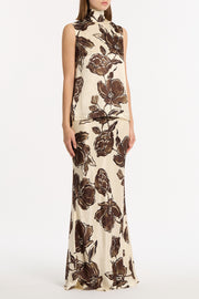 MOCHA BOUQUET SILK VISCOSE TIE NECK TOP