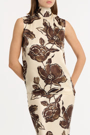 MOCHA BOUQUET SILK VISCOSE TIE NECK TOP