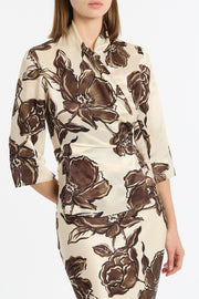 MOCHA BOUQUET SILK VISCOSE WRAP TOP