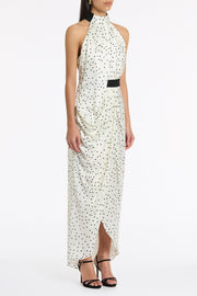 MONOCHROME DOT SILK VISCOSE HALTER DRAPED GOWN