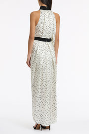 MONOCHROME DOT SILK VISCOSE HALTER DRAPED GOWN