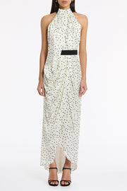 MONOCHROME DOT SILK VISCOSE HALTER DRAPED GOWN