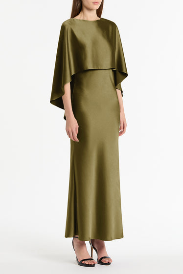 MOSS SATIN CAPE DRESS