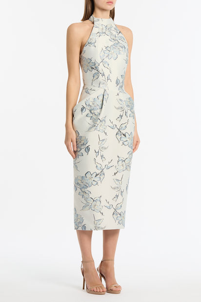 MURANO BROCADE HALTER NECK MIDI DRESS