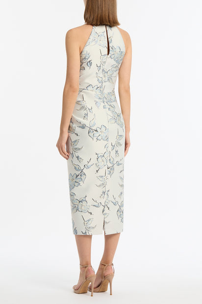 MURANO BROCADE HALTER NECK MIDI DRESS