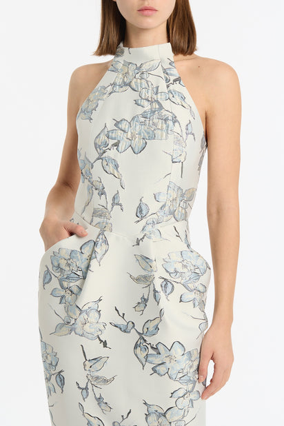 MURANO BROCADE HALTER NECK MIDI DRESS