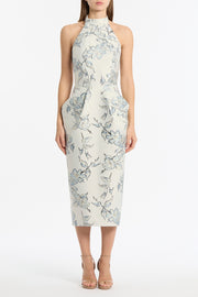 MURANO BROCADE HALTER NECK MIDI DRESS