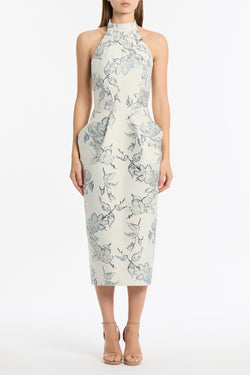 MURANO BROCADE HALTER NECK MIDI DRESS