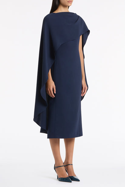 NAVY CREPE CAPE MIDI DRESS