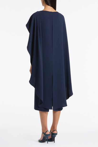 NAVY CREPE CAPE MIDI DRESS