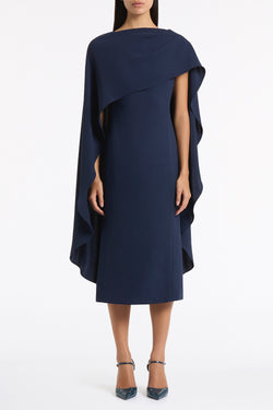 NAVY CREPE CAPE MIDI DRESS