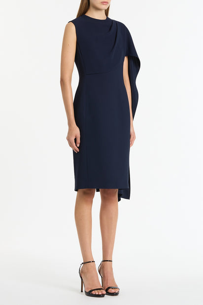 NAVY CREPE CASCADE DRESS