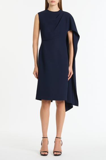 NAVY CREPE CASCADE DRESS