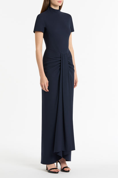 NAVY CREPE FITTED WATERFALL GOWN