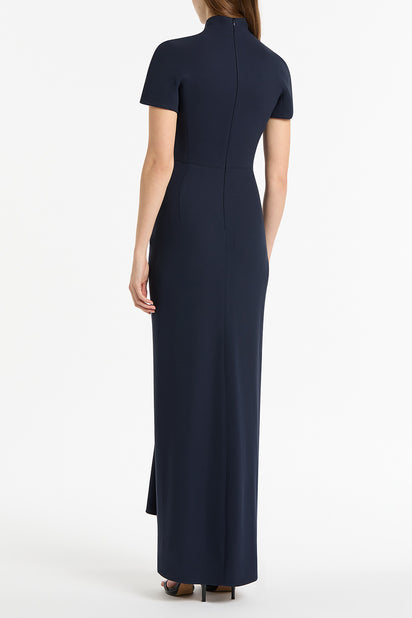 NAVY CREPE FITTED WATERFALL GOWN