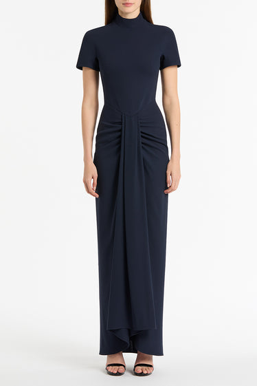 NAVY CREPE FITTED WATERFALL GOWN