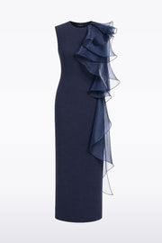 NAVY CREPE RUFFLE SHOULDER GOWN
