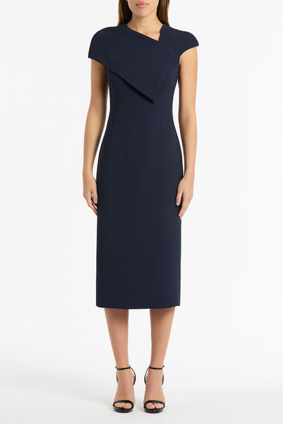 NAVY CREPE WRAP MIDI DRESS