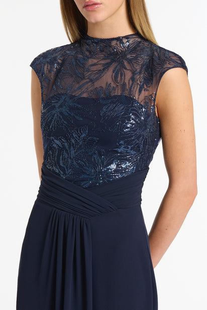 NAVY FLORAL MESH DRAPE GOWN