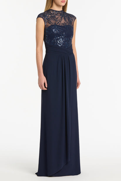 NAVY FLORAL MESH DRAPE GOWN