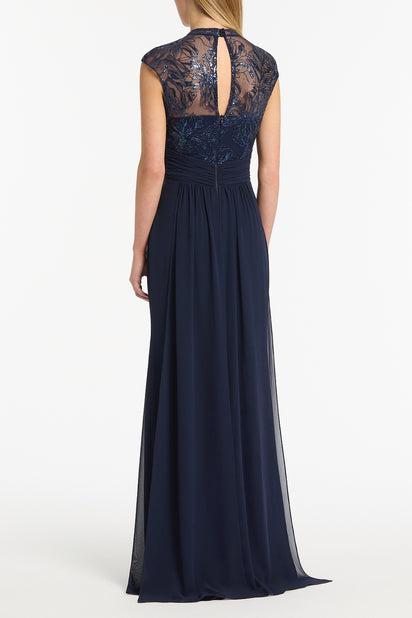NAVY FLORAL MESH DRAPE GOWN