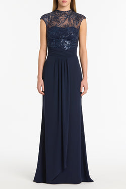 NAVY FLORAL MESH DRAPE GOWN