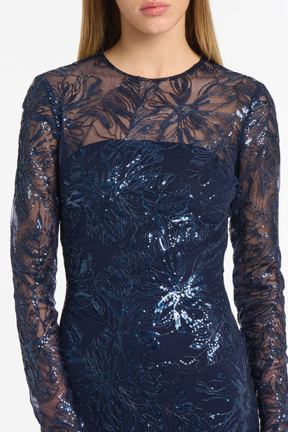 NAVY FLORAL MESH LONG SLEEVE GOWN