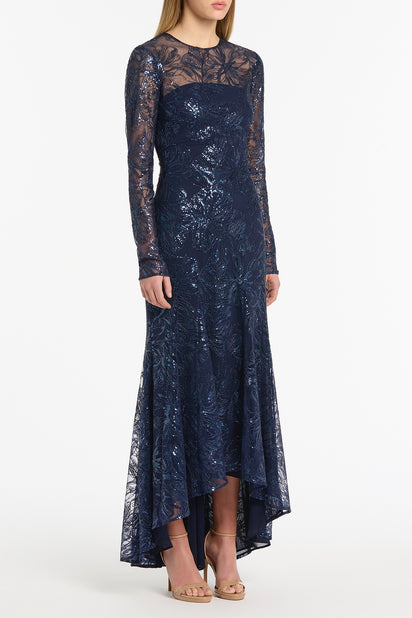 NAVY FLORAL MESH LONG SLEEVE GOWN