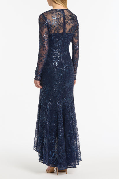 NAVY FLORAL MESH LONG SLEEVE GOWN