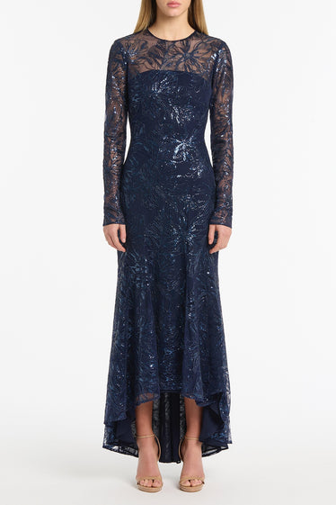 NAVY FLORAL MESH LONG SLEEVE GOWN