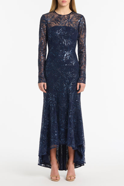 NAVY FLORAL MESH LONG SLEEVE GOWN