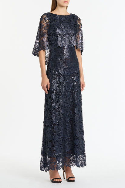 NAVY FOILED LACE CAPE GOWN