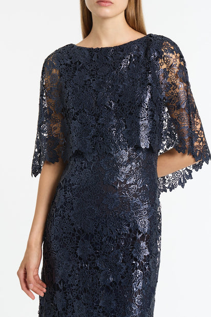 NAVY FOILED LACE CAPE GOWN