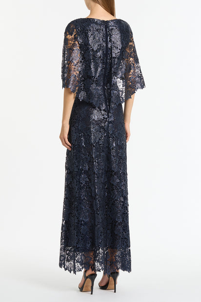 NAVY FOILED LACE CAPE GOWN