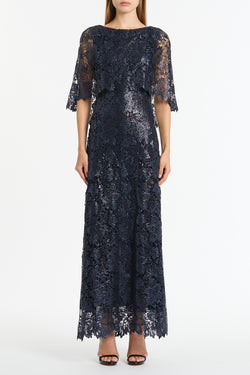 NAVY FOILED LACE CAPE GOWN