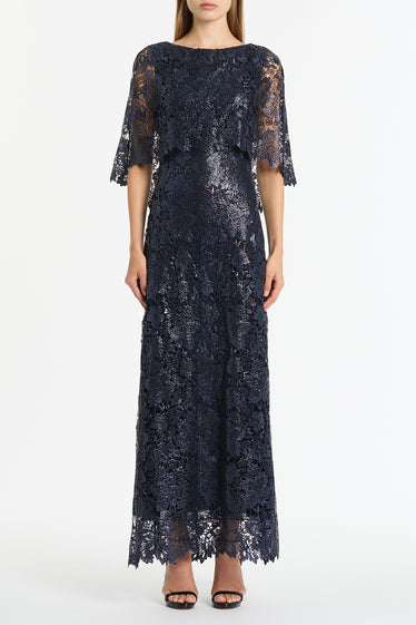 NAVY FOILED LACE CAPE GOWN
