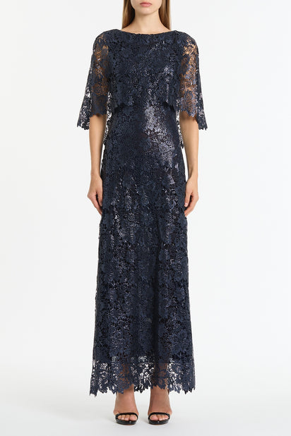 NAVY FOILED LACE CAPE GOWN Carla Zampatti NAVY FOILED LACE CAPE GOWN Carla Zampatti
